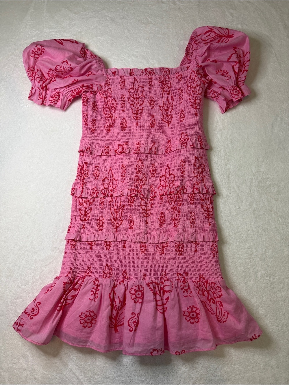 j.marie Pink Smocked Dress with Red Floral Design